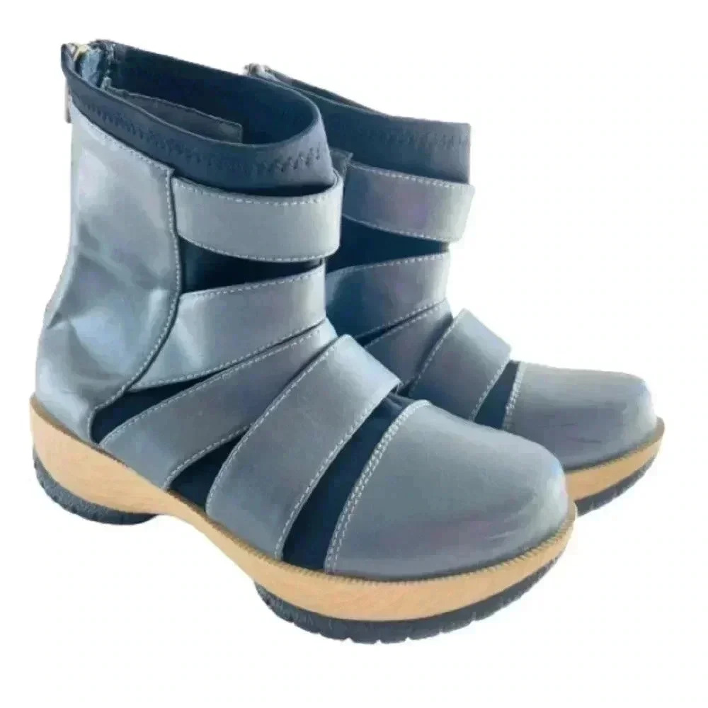 ANTELOPES GREY BOOTIES WOOD PLATFORM STRAPPY ROUND TOES  SIZE 37